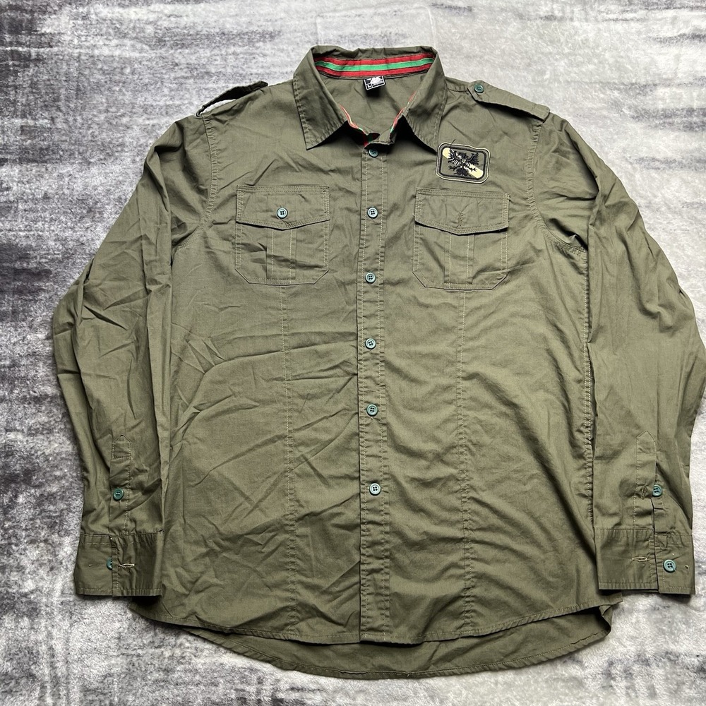 Y2K Avirex Button Up Shirt Men's Size L Green Epaulets Patch Collared Pockets
